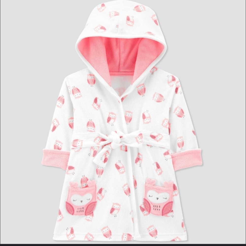 Kids Owl Print Bath Robe - Pink‎ and White